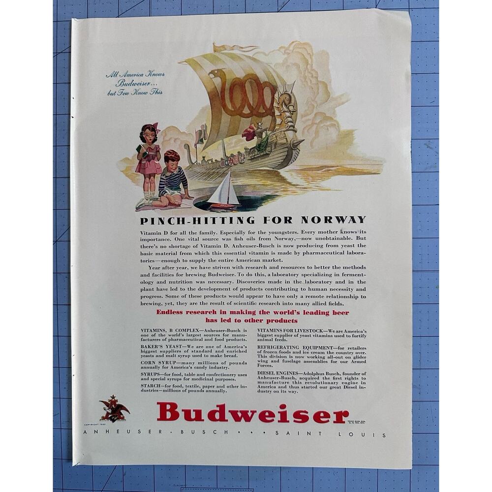 VTG 1942 Orig Magazine Ad Print Budweiser Beer Pinch-Hitting for Norway WW2